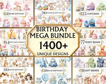 Birthday Clipart Bundle - 1400+ Birthday PNG, Watercolor Birthday Clipart, Birthday Party Clipart PNG, Birthday Bundle, Cake Clipart