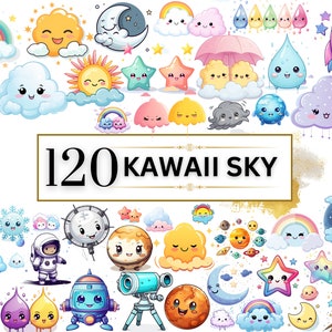 Kawaii Clipart Bundle - 120 süße Kawaii PNG Clipart Set, Kawaii Wolken, süßer Regenbogen, Kawaii Sonne, Himmel, Kawaii Aufkleber, süße Kawaii Clipart