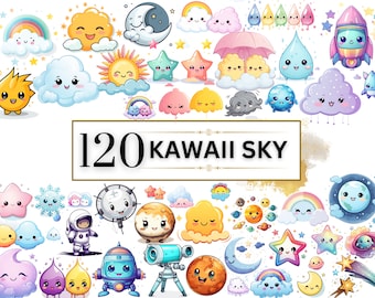 Kawaii Clipart Bundle - 120 Cute Kawaii PNG Clipart Set, Kawaii Clouds, Cute Rainbow, Kawaii Sun, Sky, Kawaii Stickers, Cute Kawaii Clipart