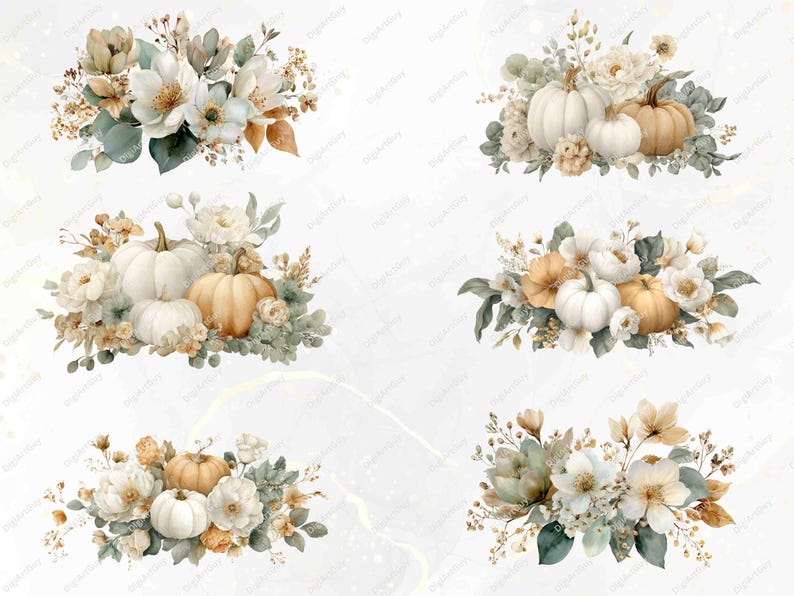 Watercolor Floral Pumpkins Clipart Fall Pumpkin PNG Autumn Clipart ...