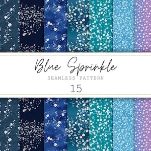 May include: A collection of 15 seamless patterns in shades of blue, featuring floral and abstract designs. The patterns include various textures and styles, with the text "Blue Sprinkle" and "Seamless Pattern" displayed.