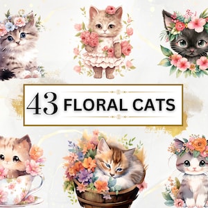 Floral Cats PNG Bundle - 43 Cats Clipart PNGs, Cats Clipart, Animals Clipart, Watercolor Cats, Watercolor Animals, Instant Digital Download