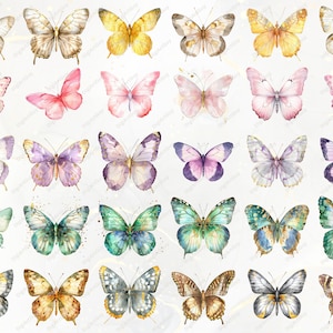 Puede incluir: Colecci&oacute;n de ilustraciones de mariposas en acuarela, en varios colores como rosa, morado, verde y amarillo. Cada mariposa tiene patrones detallados en las alas y se presenta sobre un fondo blanco roto. Ideal para arte digital o proyectos de manualidades.