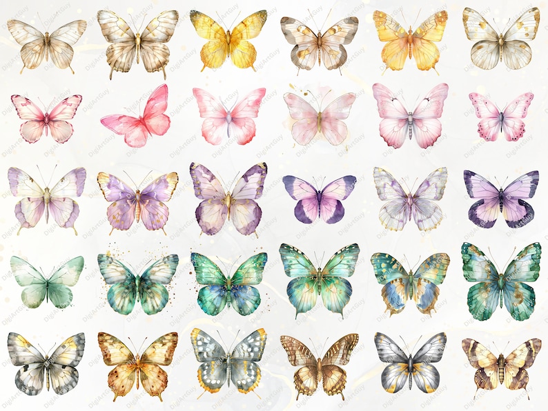 Puede incluir: Colecci&oacute;n de ilustraciones de mariposas en acuarela, en varios colores como rosa, morado, verde y amarillo. Cada mariposa tiene patrones detallados en las alas y se presenta sobre un fondo blanco roto. Ideal para arte digital o proyectos de manualidades.