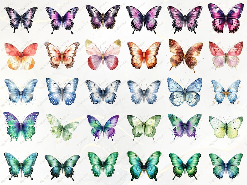 Puede incluir: Una colecci&oacute;n de ilustraciones de mariposas en acuarela en varios colores, incluyendo azul, morado, naranja y verde. Cada mariposa tiene patrones de alas detallados sobre un fondo blanco.