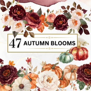 Imágenes prediseñadas de flores de otoño en acuarela, imágenes prediseñadas florales de otoño, calabaza PNG, imágenes prediseñadas de otoño acogedoras, ramo floral de otoño, uso comercial de Acción de Gracias