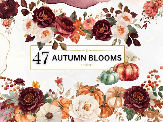 Watercolor Autumn Flowers Clipart Fall Floral Clipart Pumpkin PNG Cozy Fall Clipart Autumn PNG Floral Bouquet Thanksgiving Commercial Use