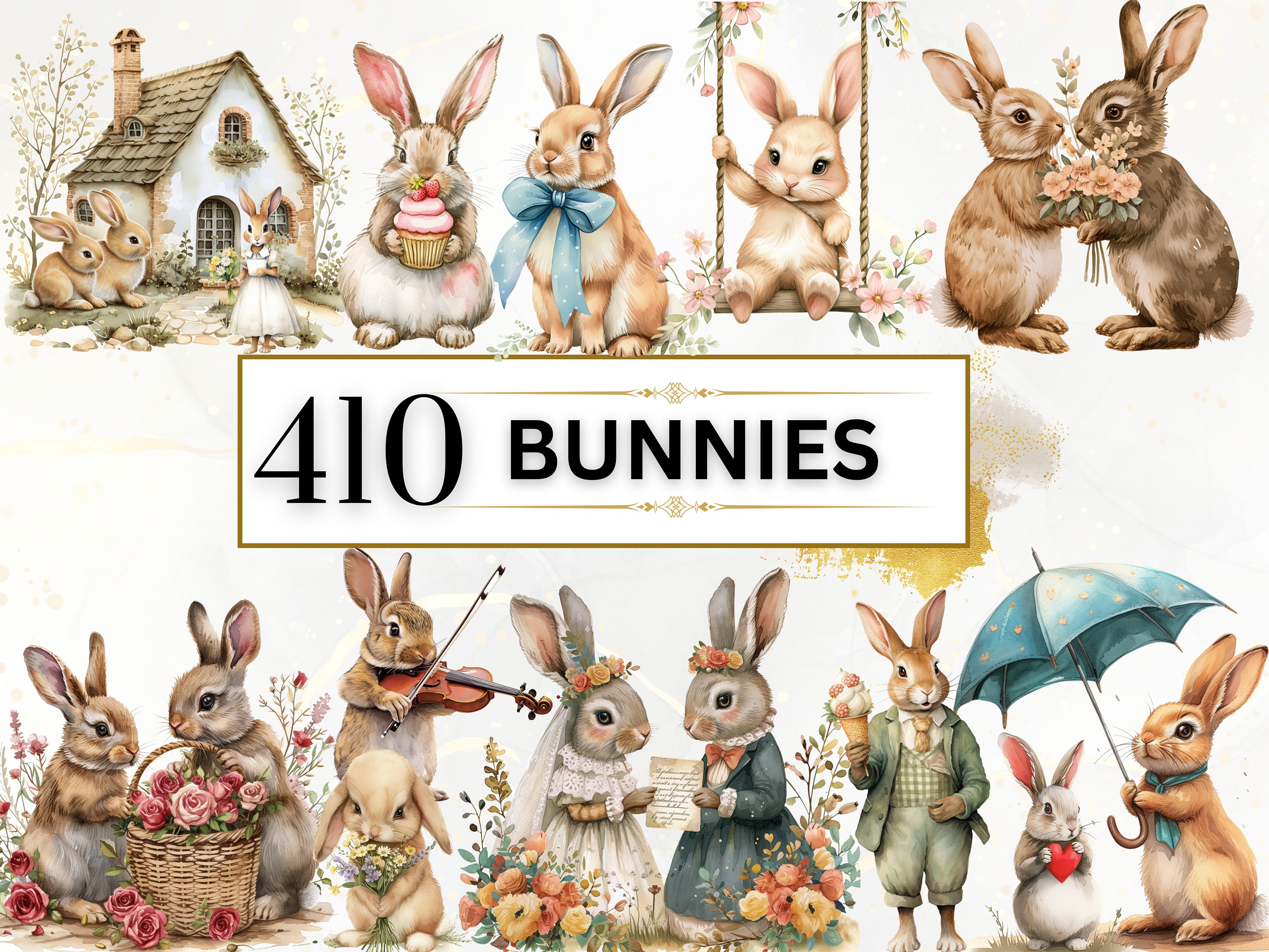 Rabbit Clipart Watercolor Bunny Clipart Cute Rabbit PNG Animal Clipart Spring Bunny PNG Cute Bunnies Clipart Floral Bunny | Commercial Use