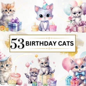 Anniversaire chat PNG Bundle - 53 chats Clipart PNGs, clipart chats, clipart animaux, chats aquarelles, animaux aquarelles, téléchargement numérique