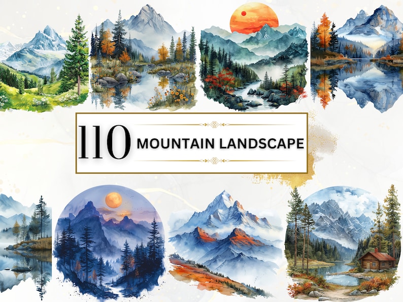 The image shows Watercolor Mountain Landscape Clipart Bundle featuring 110 designs including mountains and sunset, mountains and lake, mountains and forest and more