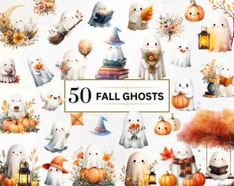 Watercolor Fall Ghost Clipart Cute Ghost Clipart Spooky Ghost and Pumpkin Clipart Bundle Autumn Ghost PNG Horror Clipart Commercial License
