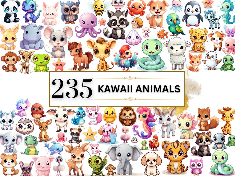 Image shows kawaii animals clipart bundle featuring safari animals, woodland animals, birds, and sea animals such as horse, sheep, hedgehog, reindeer, owl, squirrel, parrot, bee, donkey, tiger, lion, turtle, giraffe, sea horse, dolphin and many more.