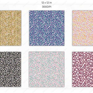 Another set of six seamless pattern swatches featuring backgrounds in navy blue, gold, pink, green, and grey, all covered with tiny floral confetti in pink and white tones.