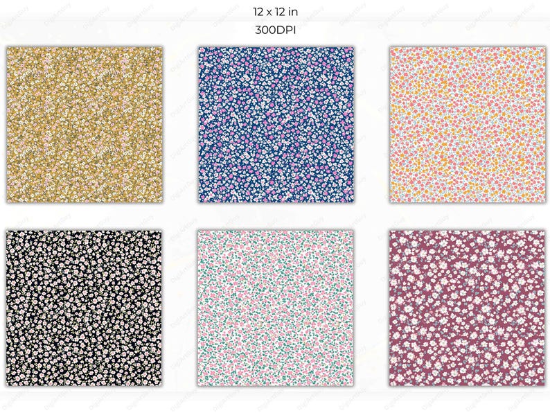 Another set of six seamless pattern swatches featuring backgrounds in navy blue, gold, pink, green, and grey, all covered with tiny floral confetti in pink and white tones.