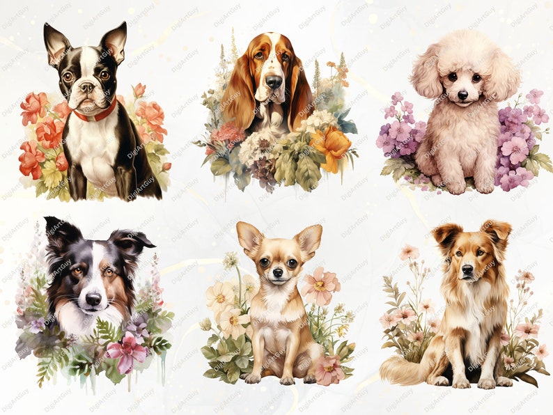 Dog Clipart Watercolor Dogs PNG Dog Breeds PNG Floral Dog Clipart Cute ...