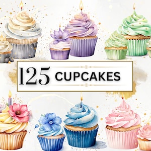 Cupcakes Clipart Bundle - 125 Geburtstag PNGs, Aquarell Geburtstag Clipart, Geburtstag Bundle, Cupcake PNG, Geburtstag Party Clipart, Pastell Clipart