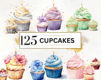 Cupcakes Clipart-paket - 125 födelsedags-PNG:er, akvarell födelsedags-ClipArt, födelsedagspaket, cupcake-PNG, födelsedagsfest-ClipArt, pastellfärgade Clipart