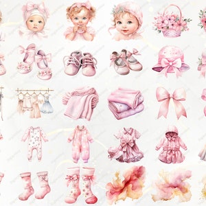 Peut inclure: Un ensemble d'illustrations &agrave; l'aquarelle sur le th&egrave;me d'un b&eacute;b&eacute; fille, comprenant un b&eacute;b&eacute;, des chaussures, des v&ecirc;tements, un chapeau, un panier de fleurs et un n&oelig;ud. Les illustrations sont dans des tons de rose et de blanc.