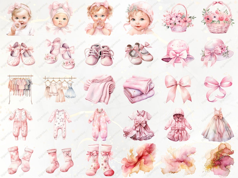 Peut inclure: Un ensemble d'illustrations &agrave; l'aquarelle sur le th&egrave;me d'un b&eacute;b&eacute; fille, comprenant un b&eacute;b&eacute;, des chaussures, des v&ecirc;tements, un chapeau, un panier de fleurs et un n&oelig;ud. Les illustrations sont dans des tons de rose et de blanc.