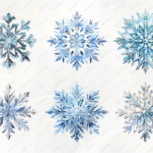 May include: Six watercolor snowflakes in shades of blue and white on a white background. The snowflakes are intricate and detailed, with a variety of shapes and sizes.