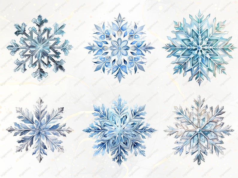May include: Six watercolor snowflakes in shades of blue and white on a white background. The snowflakes are intricate and detailed, with a variety of shapes and sizes.
