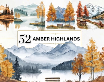 Op de afbeelding: Waterverf schilderij van een berglandschap met een meer en bomen in herfstkleuren. Het schilderij is getiteld "52 Amber Highlands".