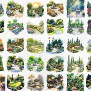 This diverse layout displays elegant garden scenes with flower beds, scenic walkways, and calming fountains. These high-resolution PNG images are perfect for creating scrapbooking projects, wall art, or custom printables for garden lovers.