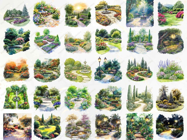 This diverse layout displays elegant garden scenes with flower beds, scenic walkways, and calming fountains. These high-resolution PNG images are perfect for creating scrapbooking projects, wall art, or custom printables for garden lovers.