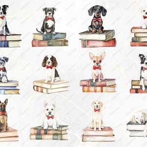Another collection of twelve dogs sitting on books, featuring breeds such as Border Collie, Dachshund, Pitbull, and West Highland Terrier. Each dog has a unique pose and expression, adding variety to the collection.