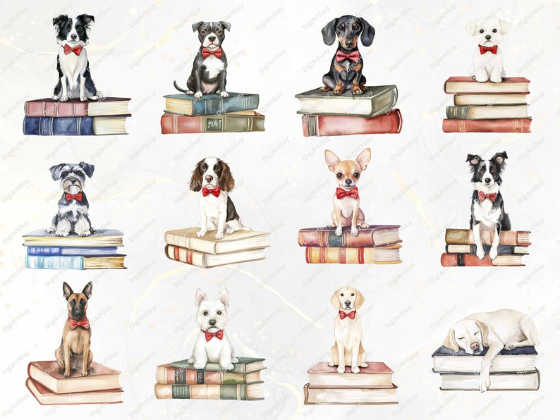 Another collection of twelve dogs sitting on books, featuring breeds such as Border Collie, Dachshund, Pitbull, and West Highland Terrier. Each dog has a unique pose and expression, adding variety to the collection.