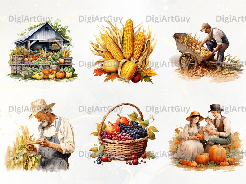 Pode incluir: Uma cole&ccedil;&atilde;o de ilustra&ccedil;&otilde;es de colheita de outono com uma variedade de frutas e vegetais, incluindo milho, ab&oacute;boras, ma&ccedil;&atilde;s, uvas e peras. As ilustra&ccedil;&otilde;es s&atilde;o pintadas em um estilo realista com cores vibrantes.