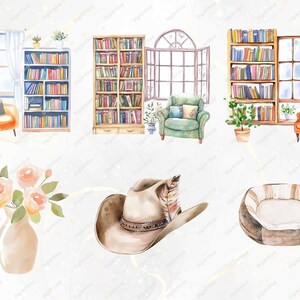 A collection of additional illustrated book-related elements, including bookshelves, windows with curtains, cozy armchairs, a cowboy hat with a feather, and a flower vase. These elements add charm to creative projects.