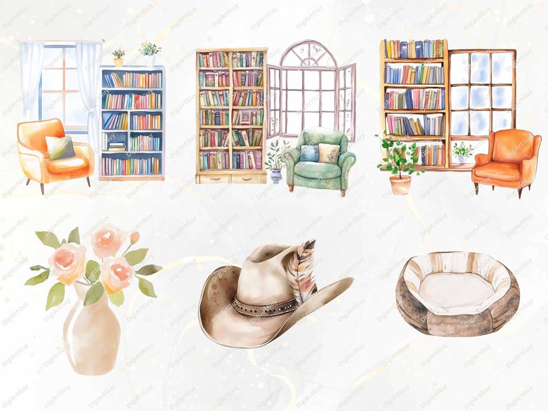A collection of additional illustrated book-related elements, including bookshelves, windows with curtains, cozy armchairs, a cowboy hat with a feather, and a flower vase. These elements add charm to creative projects.