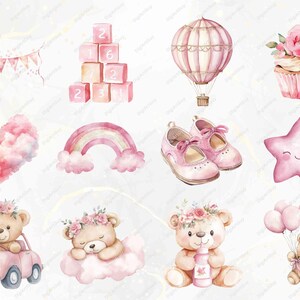 May include: A set of 10 watercolor illustrations featuring a pink and white hot air balloon, a pink cupcake with a pink flower, a pink star with a smiling face, a pink heart-shaped cloud, a rainbow with pink clouds, a set of pink baby shoes, a pink and white bunting, a stack of pink blocks with numbers, a teddy bear wearing a pink flower crown driving a pink car, and a teddy bear wearing a pink flower crown holding a pink bottle.