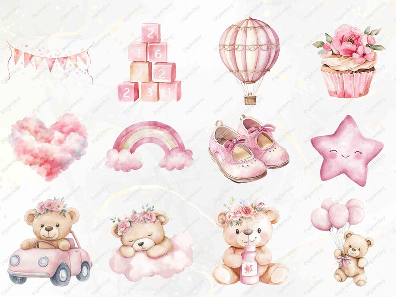 May include: A set of 10 watercolor illustrations featuring a pink and white hot air balloon, a pink cupcake with a pink flower, a pink star with a smiling face, a pink heart-shaped cloud, a rainbow with pink clouds, a set of pink baby shoes, a pink and white bunting, a stack of pink blocks with numbers, a teddy bear wearing a pink flower crown driving a pink car, and a teddy bear wearing a pink flower crown holding a pink bottle.