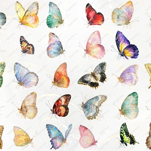 Puede incluir: Una colecci&oacute;n de ilustraciones de mariposas en acuarela en varios colores, incluyendo azul, rojo, amarillo y verde. Las mariposas tienen patrones de alas detallados y est&aacute;n dispuestas sobre un fondo claro. La imagen muestra una variedad de especies de mariposas.