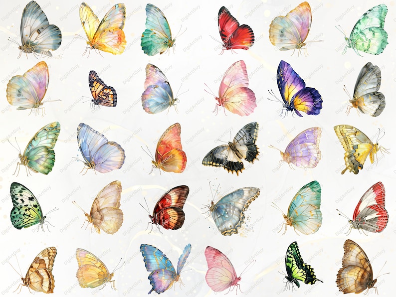 Puede incluir: Una colecci&oacute;n de ilustraciones de mariposas en acuarela en varios colores, incluyendo azul, rojo, amarillo y verde. Las mariposas tienen patrones de alas detallados y est&aacute;n dispuestas sobre un fondo claro. La imagen muestra una variedad de especies de mariposas.
