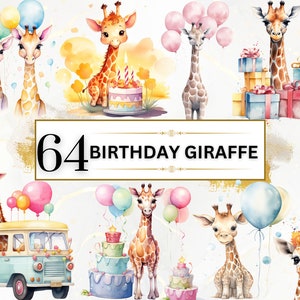 Bundle de cliparts anniversaire girafe aquarelle - 64 PNG d'anniversaire, anniversaire Safari, lot d'anniversaire, clipart mignon girafe, clipart fête d'anniversaire