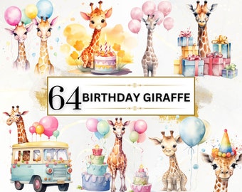 Watercolor Giraffe Birthday Clipart Bundle - 64 Birthday PNGs, Safari Birthday, Birthday Bundle, Cute Giraffe Clipart,Birthday Party Clipart