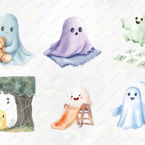 Six friendly ghosts are featured, holding objects like a skull and a broom, with some dressed in party hats. Each has a distinct personality, ranging from contemplative to playful, set against a subtle background.