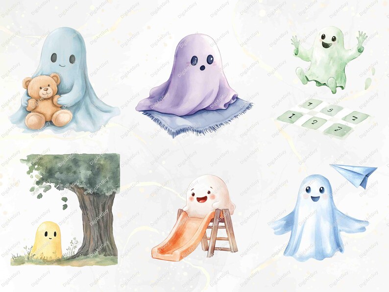 Six friendly ghosts are featured, holding objects like a skull and a broom, with some dressed in party hats. Each has a distinct personality, ranging from contemplative to playful, set against a subtle background.