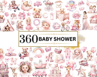 Baby douche clipart-360 roze baby shower PNGs, pasgeboren baby meisje clipart, kinderkamer clipart, gender Reveal bundel, teddybeer, commercieel gebruik