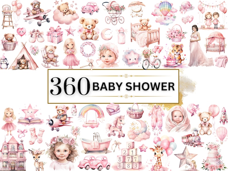 Peut inclure: Un ensemble de 360 illustrations aquarelle pour une f&ecirc;te pr&eacute;natale. Les illustrations comprennent une vari&eacute;t&eacute; d'articles sur le th&egrave;me du b&eacute;b&eacute; en rose et blanc, tels que des ours en peluche, des landaus, des &eacute;toiles et des fleurs.