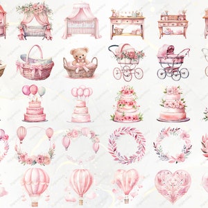 Peut inclure: Un ensemble de 30 illustrations aquarelle sur le th&egrave;me d'une baby shower rose et blanche. Les illustrations comprennent un berceau, un ours en peluche, un g&acirc;teau, un ballon &agrave; air chaud, une couronne et une poussette.