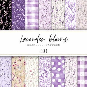 Könnte beinhalten: Eine Sammlung von 20 nahtlosen Mustern in Lilatönen, die florale, gepunktete und karierte Designs zeigen. Die Muster sind mit "Lavender Blooms" beschriftet und enthalten verschiedene botanische und abstrakte Motive. Geeignet für digitales Design und Basteln.