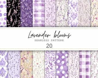 Puede incluir: Una colección de 20 patrones sin costuras en tonos morados, con diseños florales, de lunares y a cuadros. Los patrones están etiquetados como "Lavender Blooms" e incluyen varios motivos botánicos y abstractos. Adecuado para diseño digital y manualidades.