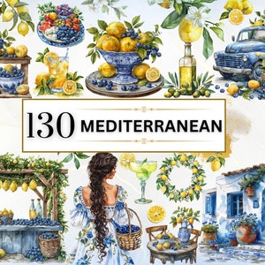 Mediterrane aquarel clipart set mediterrane tegel naadloze patroon zomer clipart Azulejo tegels citroen PNG digitaal papier commercieel gebruik
