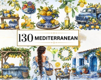 Mediterranean Watercolor Clipart Set Mediterranean Tile Seamless Pattern Summer Clipart Azulejo Tiles Lemon PNG Digital Paper Commercial Use