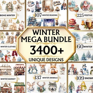 Watercolor Winter Clipart Bundle - 3400+ Winter Wonderland Clipart, Winter Landscapes,Winter PNG, Woodland Animals,Winter Flowers,Snowflakes