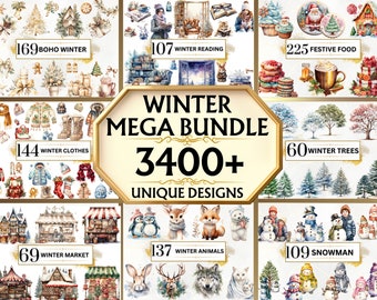 Watercolor Winter Clipart Bundle - 3400+ Winter Wonderland Clipart, Winter Landscapes,Winter PNG, Woodland Animals,Winter Flowers,Snowflakes